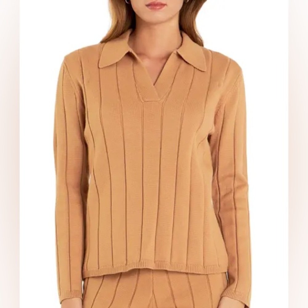 English Factory Sweater Long Sleeve Rib Knit Top Camel Tan Large